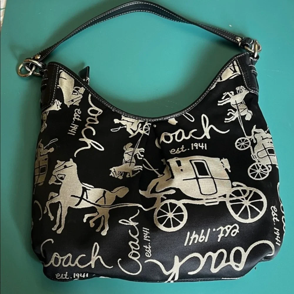 Coach Black and Silver Signature Carriage Hobo Bag Tan Classic Logo leather trim